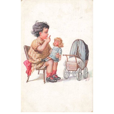 n°23395 - Fantaisie - WF - Fillette jouant avec une poupée, près du landau de sa poupée