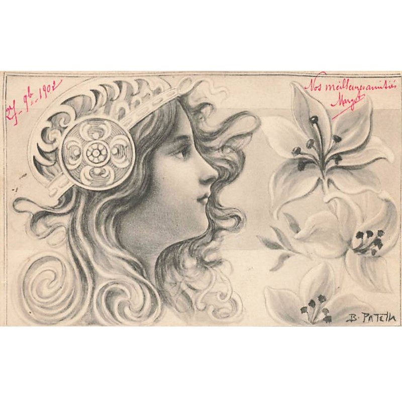 n°23402 - Art Nouveau - B. Patella - Jeune femme regardant des lys, et portant un bijou sur la tête