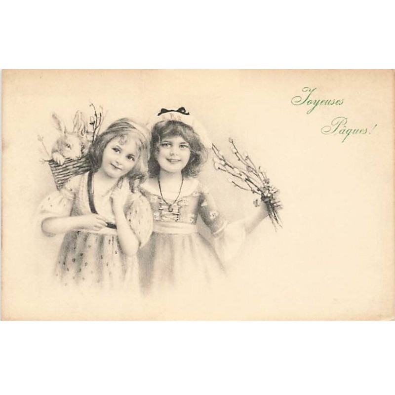 n°23417 - MM Vienne n°370 - Joyeuses Pâques - Deux fillettes, l'une portant un lapin dans une hotte