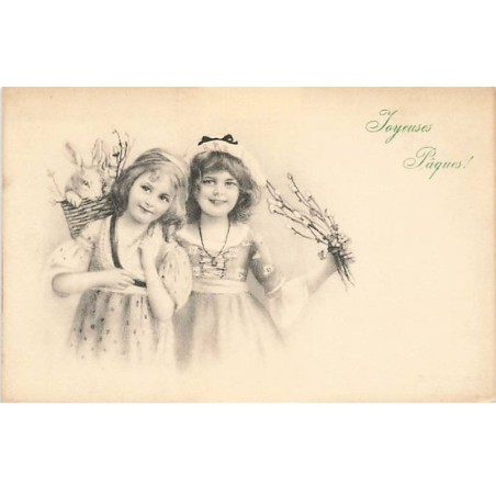 n°23417 - MM Vienne n°370 - Joyeuses Pâques - Deux fillettes, l'une portant un lapin dans une hotte
