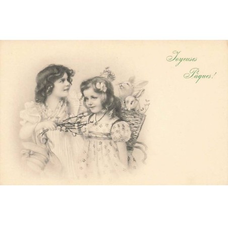 n°23418 - MM Vienne n°370 - Joyeuses Pâques - Deux fillettes, l'une portant des lapins dans une hotte