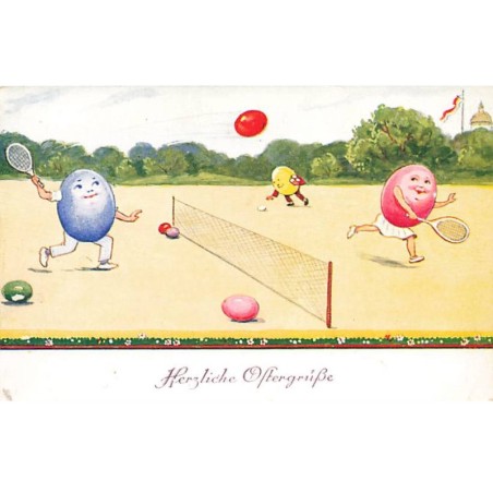n°23421 - Pâques - Herzliche Ostergruss - Oeufs humanisés faisant une partie de tennis