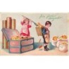 n°23423 - Carte Gaufrée - Nouvel An - Enfants transportant des pièces d'or