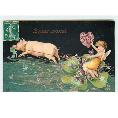 n°11637 - Carte Fantaisie Gaufrée - Bonne Année - Angelot - Cochon Trèfle à 4 Feuilles