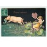 n°11637 - Carte Fantaisie Gaufrée - Bonne Année - Angelot - Cochon Trèfle à 4 Feuilles