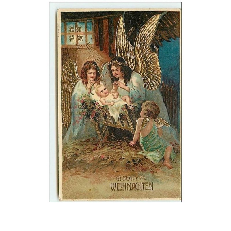 n°10090 - Carte Fantaisie Gaufrée - Fröhliche Weihnachten - Angelots - Nativité