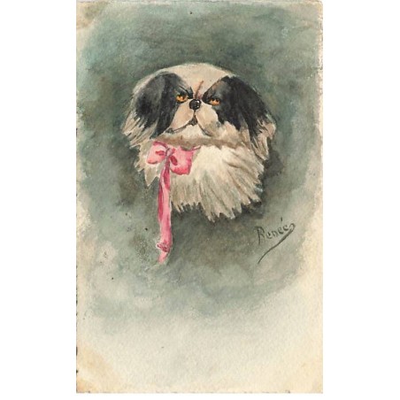 n°23446 - Carte Peinte à la Main - Renée - Chien - Portrait d'un chien avec un noeud rose