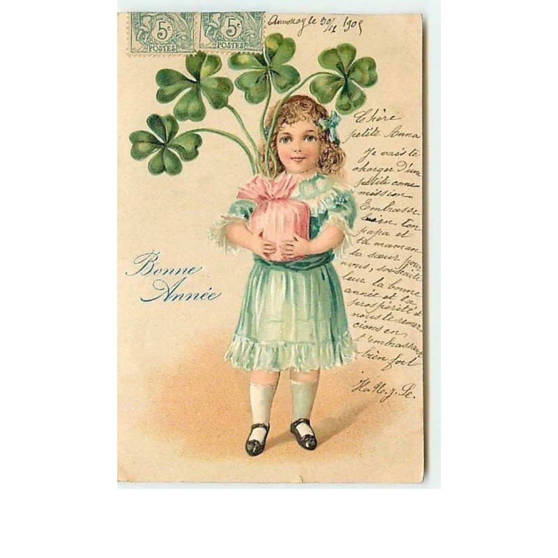 n°11638 - Carte Fantaisie Gaufrée - Bonne Année - Fillette avec des trèfles à 4 feuilles