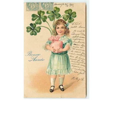 n°11638 - Carte Fantaisie Gaufrée - Bonne Année - Fillette avec des trèfles à 4 feuilles