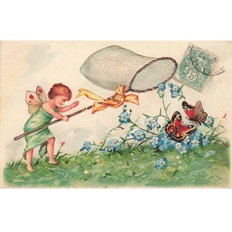 n°23449 - Carte Gaufrée - Ange voulant attraper des papillons avec un filet