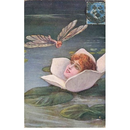 n°23461 - Illustrateur - Jeune femme au milieu d'un nénuphar, regardant une libellule humanisée - surréalisme