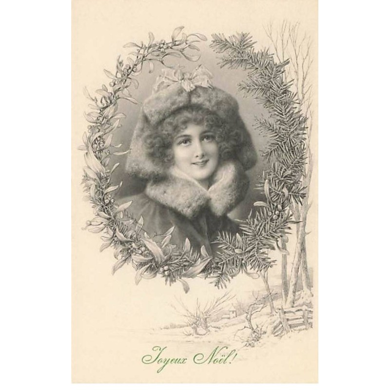 n°23464 - Noël - MM Vienne n°476 - Joyeux Noël - Jeune femme au milieu d'une couronne en Sapin et Houx