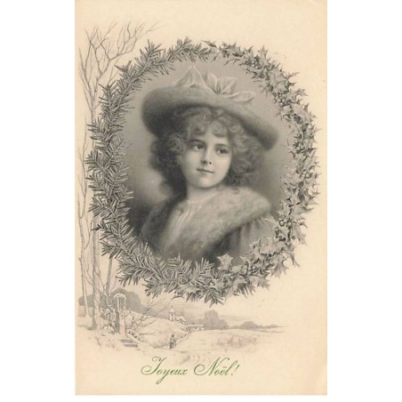 n°23465 - Noël - MM Vienne n°476 - Joyeux Noël - Jeune femme au milieu d'une couronne en Sapin et Houx