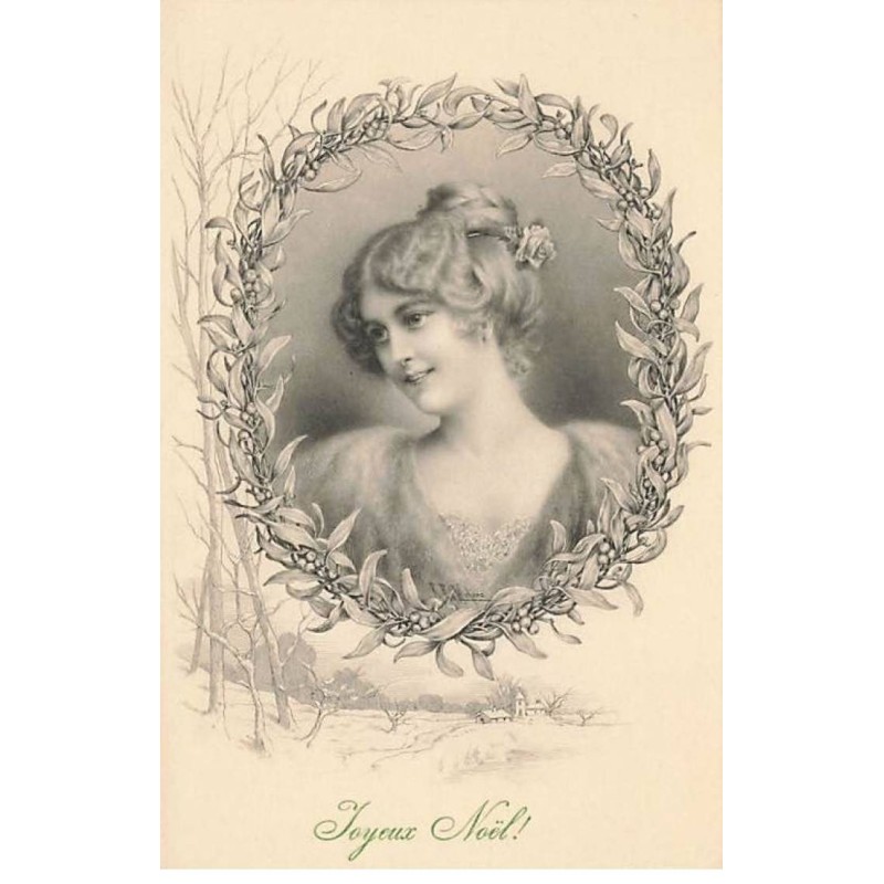 n°23466 - Noël - MM Vienne n°476 - Joyeux Noël - Jeune femme au milieu d'une couronne en Gui