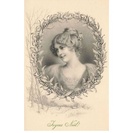 n°23466 - Noël - MM Vienne n°476 - Joyeux Noël - Jeune femme au milieu d'une couronne en Gui