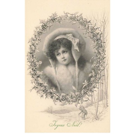 n°23467 - Noël - MM Vienne n°476 - Joyeux Noël - Jeune femme au milieu d'une couronne en Gui et en Houx
