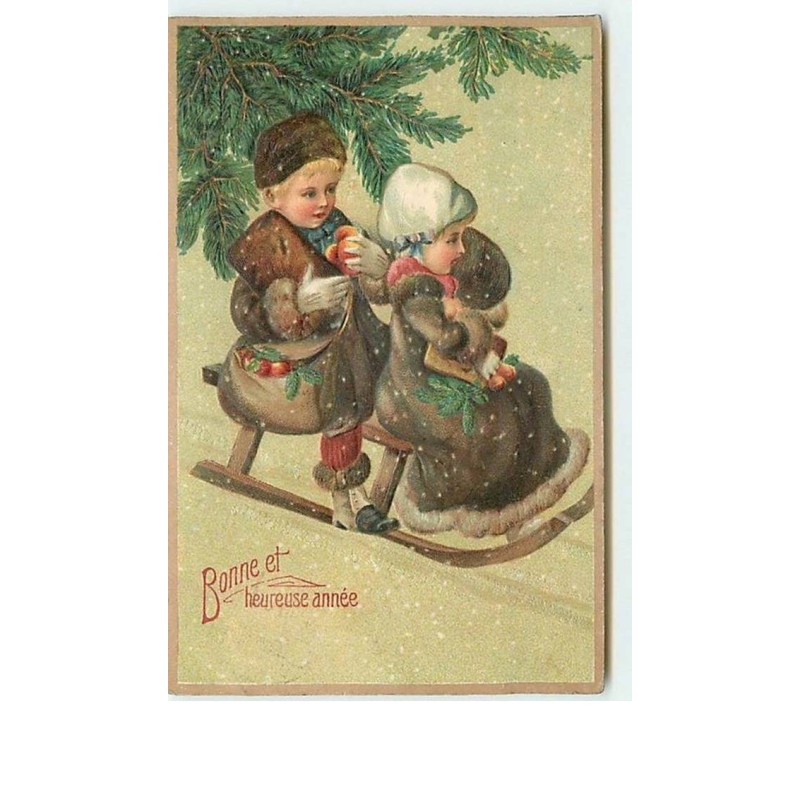 n°11640 - Carte Fantaisie Gaufrée - Bonne et Heureuse Année - Enfants sur une Luge