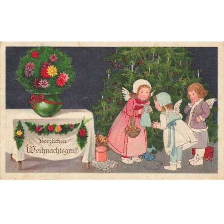 n°23473 - Noël - Flatscher - Fillettes avec des ailes d'anges découvrant leurs jouets dont une poupée