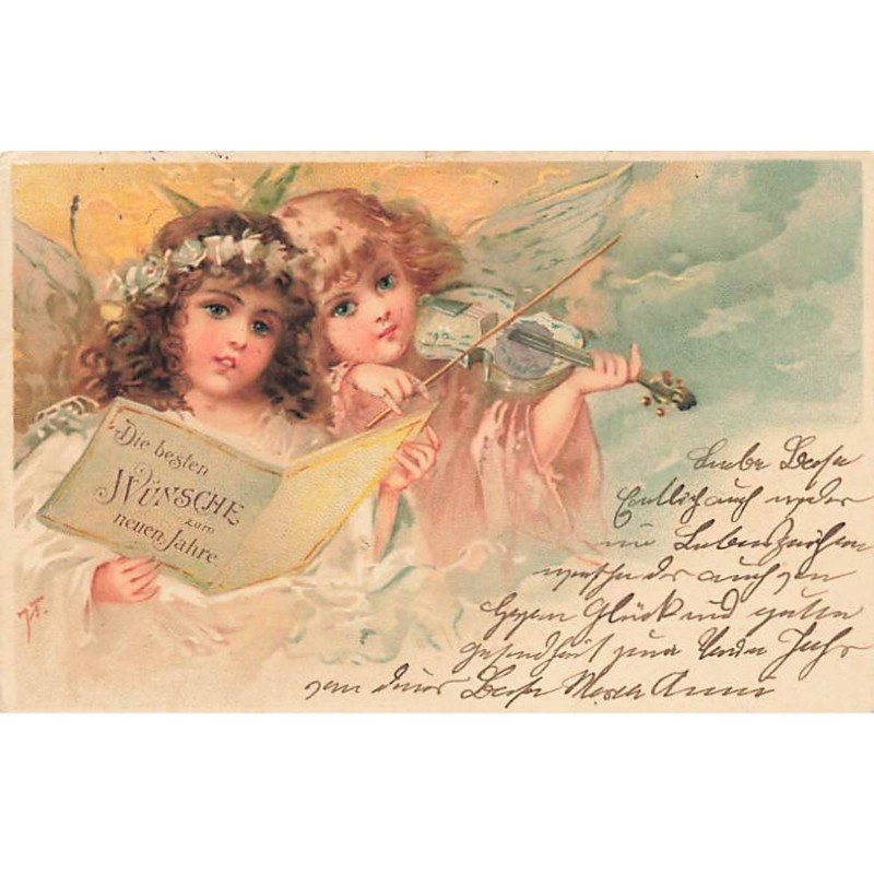 n°23481 - Nouvel An - Anges, l'un chantant, l'autre jouant du violon