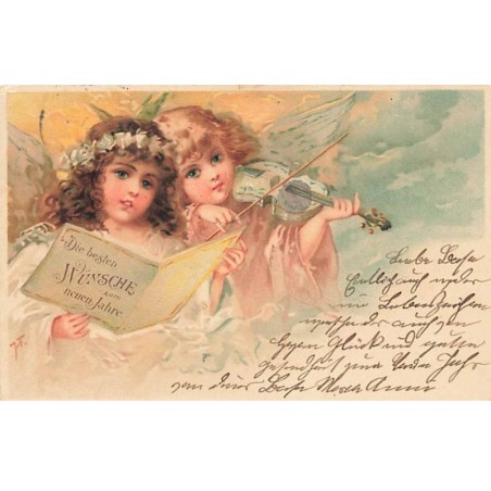 n°23481 - Nouvel An - Anges, l'un chantant, l'autre jouant du violon