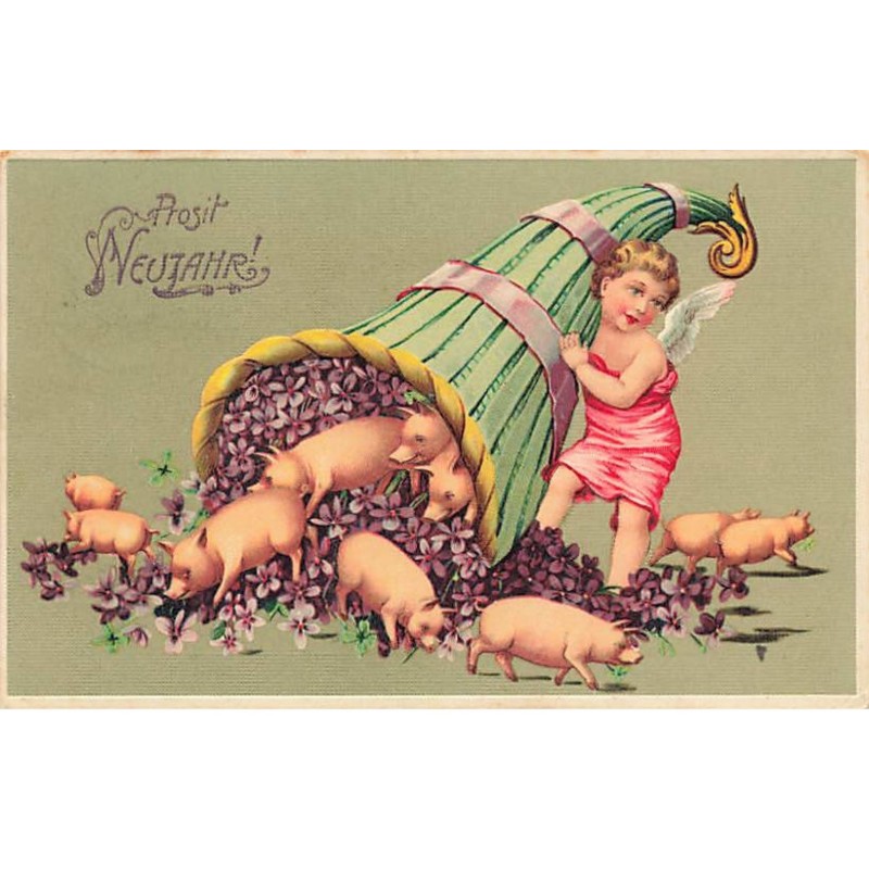 n°23482 - Carte Gaufrée - Nouvel An - Ange tenant une corne d'abondance d'où sortent des cochons et des violettes