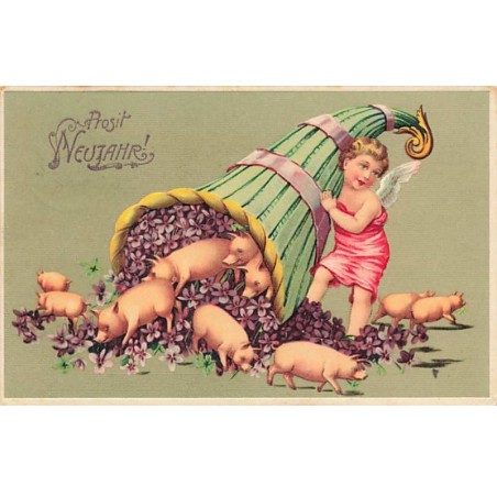 n°23482 - Carte Gaufrée - Nouvel An - Ange tenant une corne d'abondance d'où sortent des cochons et des violettes