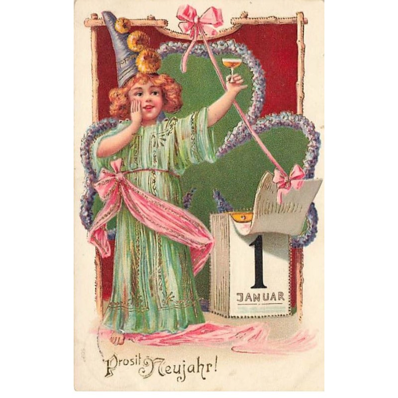 n°23485 - Carte Gaufrée - Nouvel An - Prosit Neujahr - Enfant trinquant avec une coupe de champagne