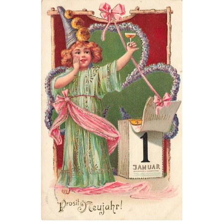 n°23485 - Carte Gaufrée - Nouvel An - Prosit Neujahr - Enfant trinquant avec une coupe de champagne