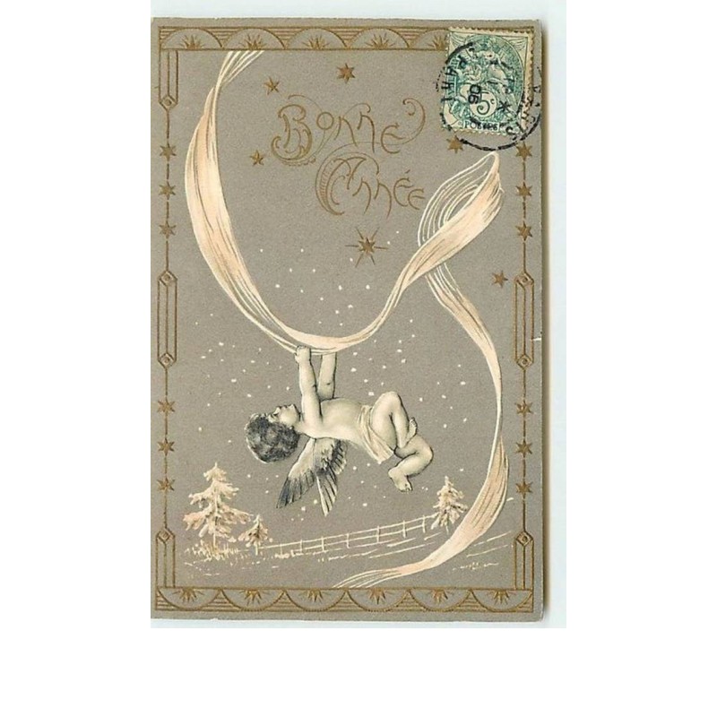 n°11641 - Carte Fantaisie Gaufrée - Bonne Année - Angelot et Ruban