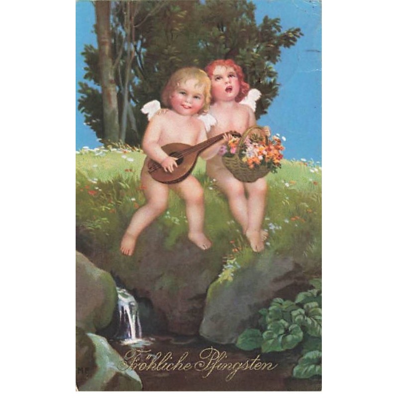 n°23487 - Flatscher - Fröhliche Pfingsten - Anges l'un chantant, l'autre jouant de la mandoline