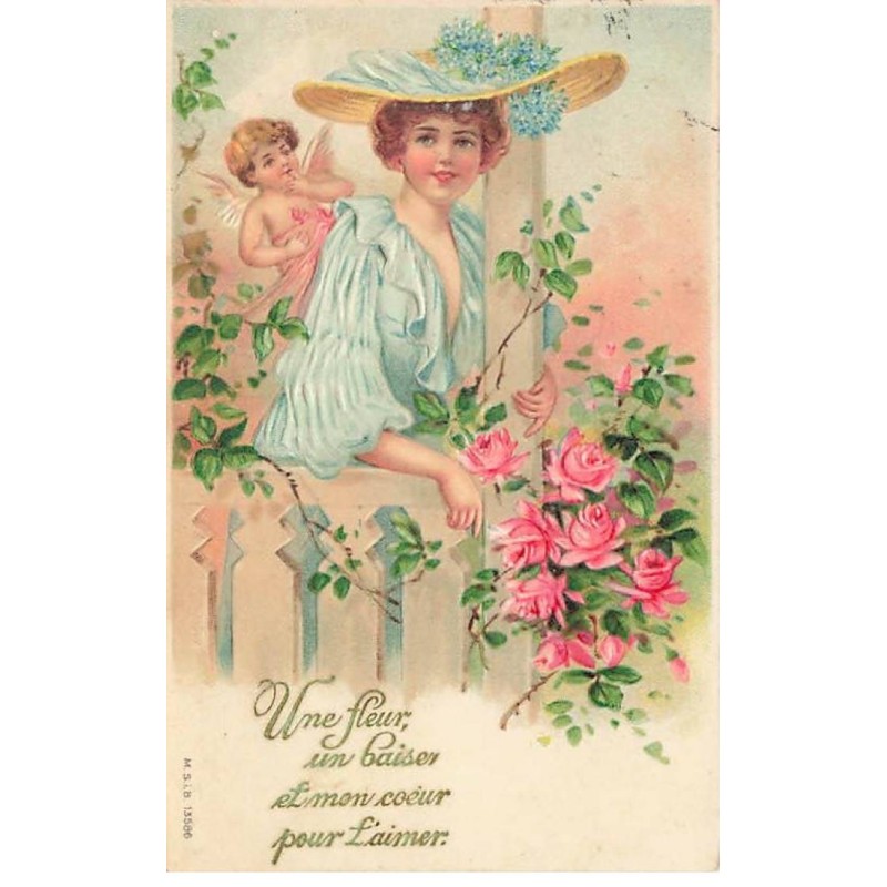 n°23492 - Carte Gaufrée - MSIB 13586 - Une fleur un baiser et mon coeur pour l'Aimer - Ange et une jeune femme
