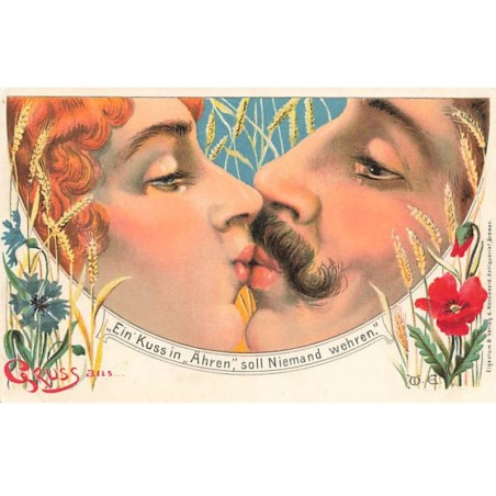 n°23496 - Fantaisie - Grus aus Ein Kussin ... - Couple s'embrassant - coquelicot - oeillet