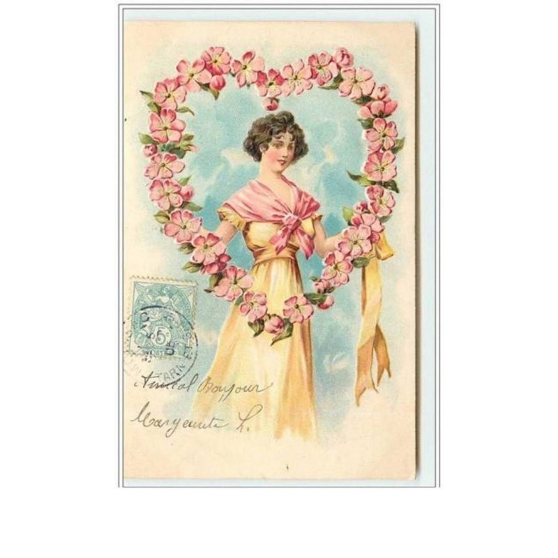 n°2350 - Carte Gaufrée -Femme avec un coeur de fleurs