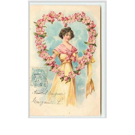 n°2350 - Carte Gaufrée -Femme avec un coeur de fleurs