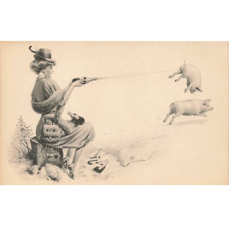 n°23512 - Illustrateur - MM Vienne n°475 - Jeune femme ouvrant des bouteilles de champagne en visant des cochons
