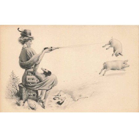 n°23512 - Illustrateur - MM Vienne n°475 - Jeune femme ouvrant des bouteilles de champagne en visant des cochons