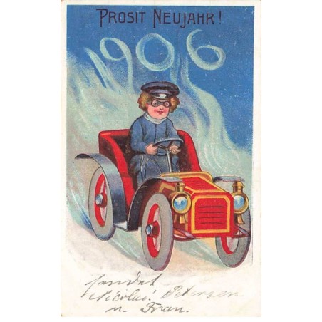 n°23513 - Nouvel An - Prosit Neujahr 1906 - Enfant au volant d'une voiture