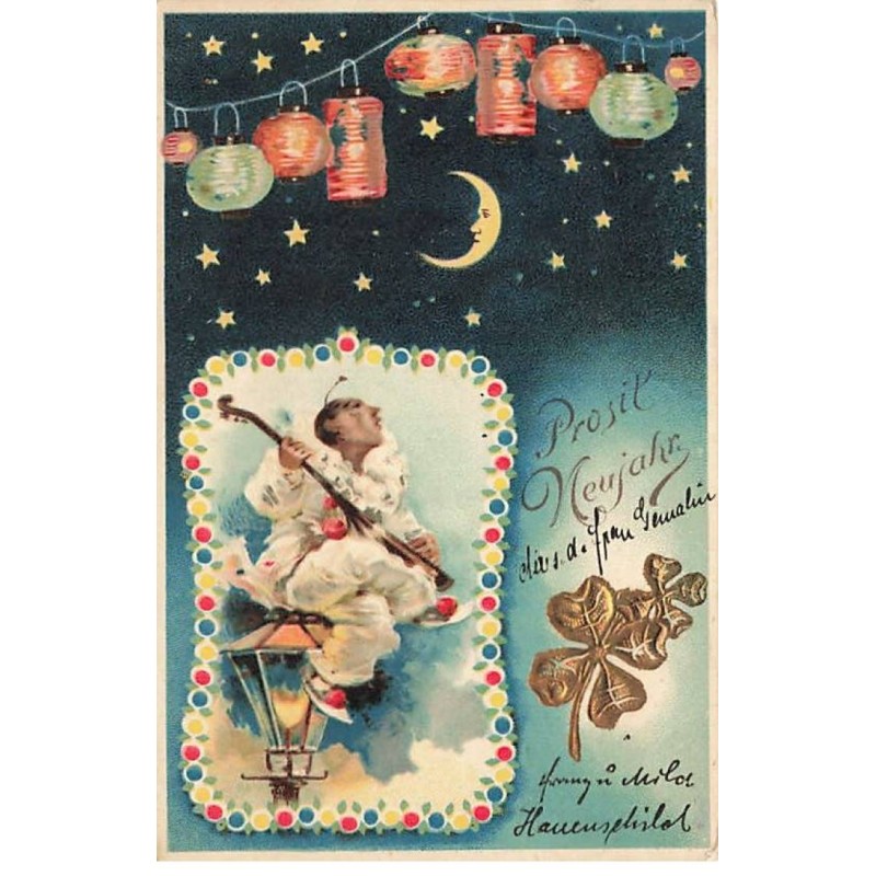 n°23515 - Nouvel An - Prosit Neujahr - Pierrot jouant de la mandoline admirant des lampions