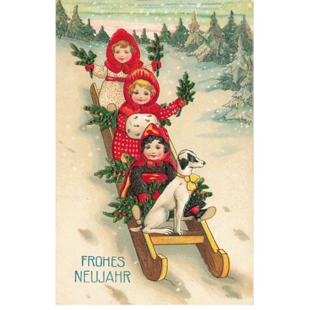 n°23518 - Carte Gaufrée - Nouvel An - Frohes Neujahr - Fillettes et un chien sur une luge