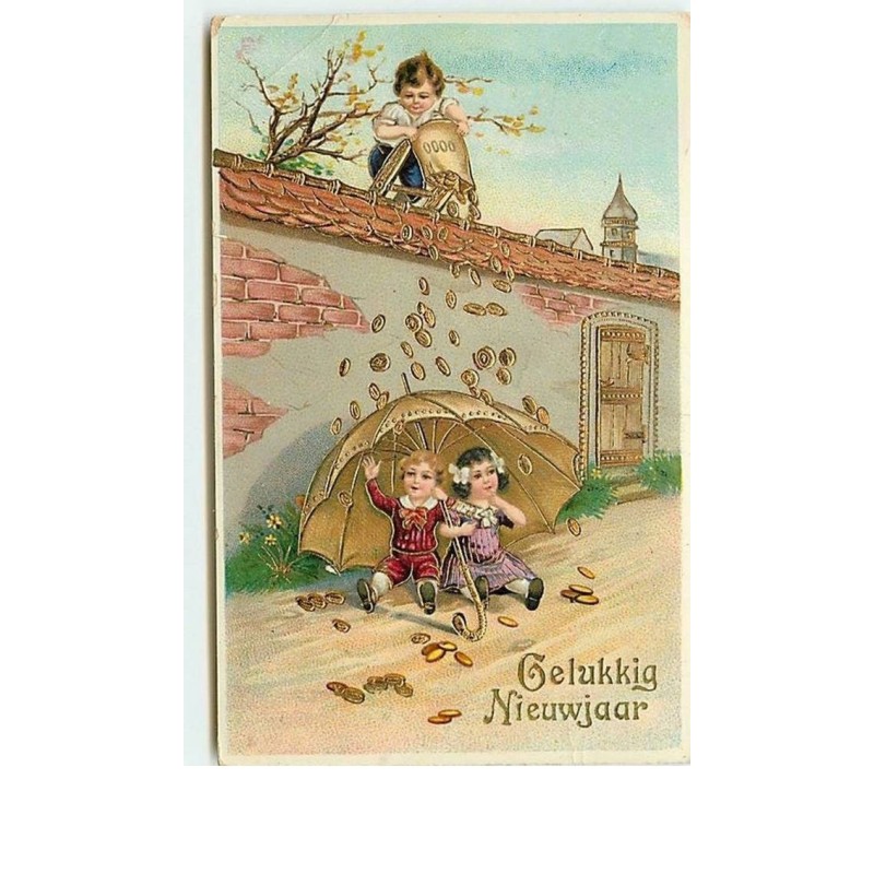 n°11646 - Carte Fantaisie - Gelukkig Nieuwjaar - Enfants protégés sous un parapluie sous une pluie de pièces