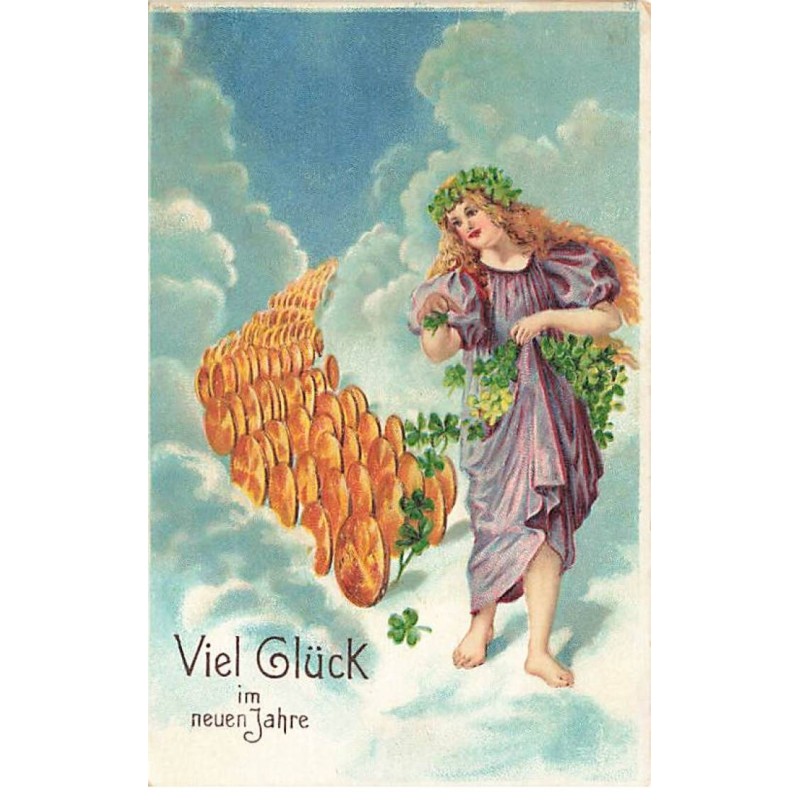 n°23520 - Carte Gaufrée - Nouvel An - Ange gardien suivi de pièces d'or