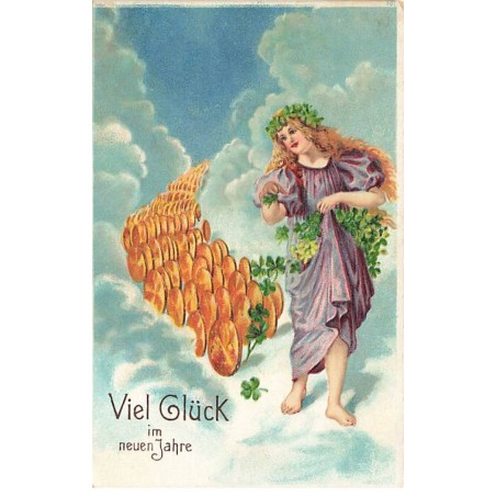 n°23520 - Carte Gaufrée - Nouvel An - Ange gardien suivi de pièces d'or