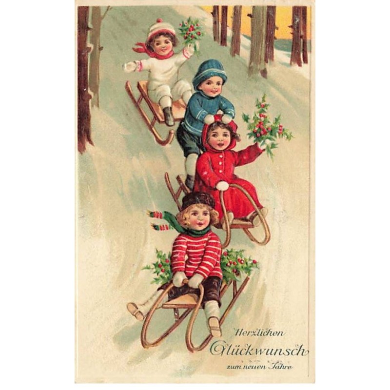 n°23523 - Carte Gaufrée - Nouvel An - Groupe d'Enfants sur des luges