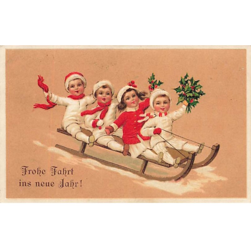 n°23526 - Carte Gaufrée - Nouvel An - Frohe Fahrt ins neue Jahr - Enfants sur une luge