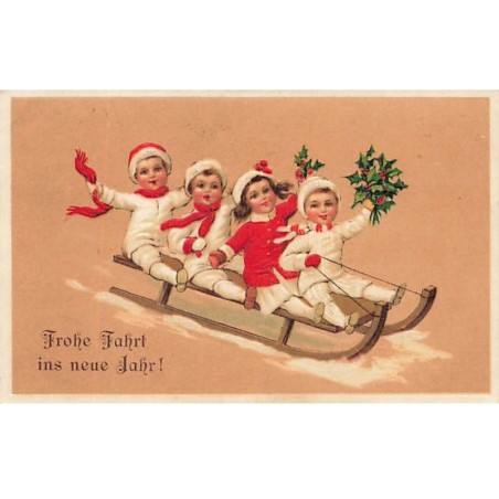 n°23526 - Carte Gaufrée - Nouvel An - Frohe Fahrt ins neue Jahr - Enfants sur une luge