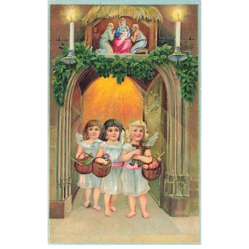 n°23529 - Carte Gaufrée - Anges apportant des paniers remplis de cadeaux
