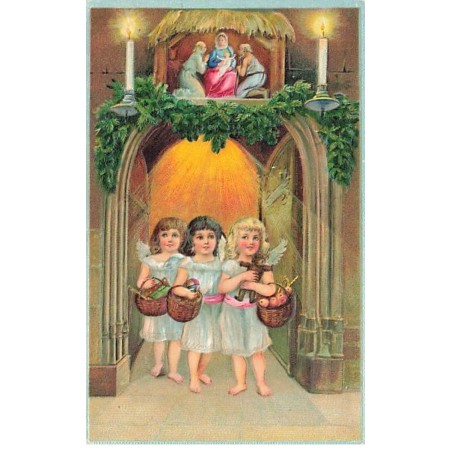 n°23529 - Carte Gaufrée - Anges apportant des paniers remplis de cadeaux