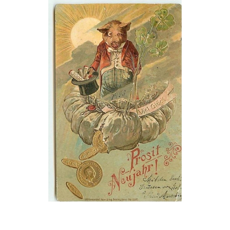 n°11647 - Carte Fantaisie Gaufrée - Prosit Neujahr ! - Cochon habillé - Pièces d'Or
