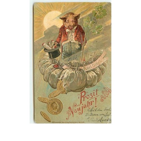 n°11647 - Carte Fantaisie Gaufrée - Prosit Neujahr ! - Cochon habillé - Pièces d'Or