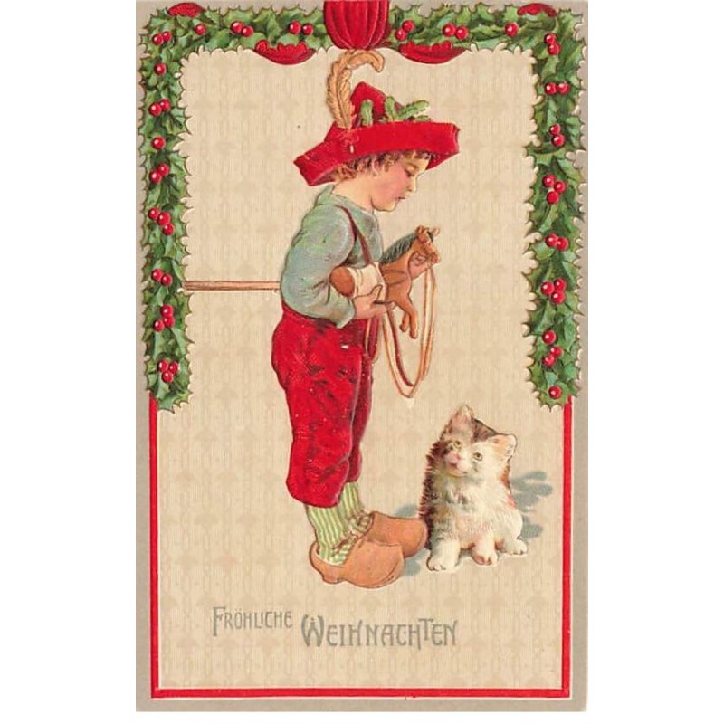 n°23541 - Carte Gaufrée - Noël - Fröhliche Weihnachten - Garçon près d'un chat